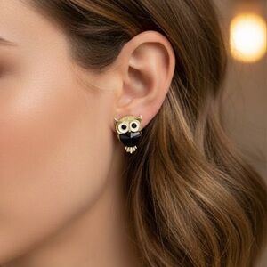 Owl Stud Earrings in Black and Gold